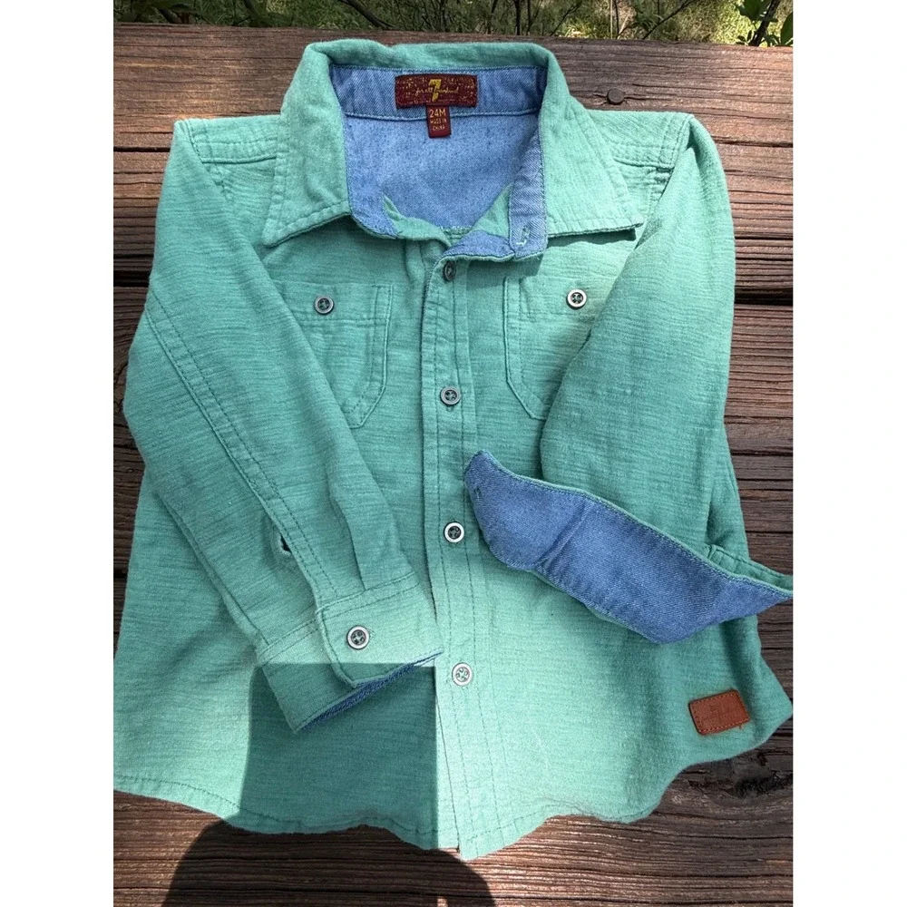 7 For All Mankind K Toddler Green Button Down Shirt Chambray Trim 24M